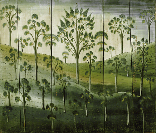 Unknown American Artist, Landscape, fireboard, from Perry County, PA, ca. 1825–1835.