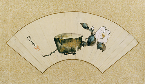 Sakai Hōitsu, Camellia and Tea Bowl, fan representing spring in the Flowers of the Four Seasons series.