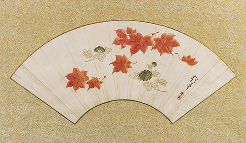 Sakai Hōitsu, Maple Leaves and Chrysanthemum, fan representing autumn in the Flowers of the Four Seasons series.