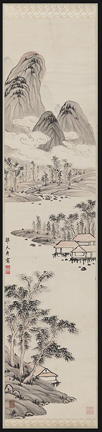 Ink painting by Kanō Tanryu titled River Landscape. Vertical landscape with mountains, trees, river, and houses. 