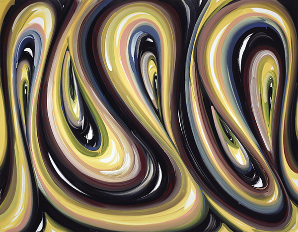 Oil painting by Karin Davie titled Pushed, Pulled, Depleted, & Duplicated #7 (2002–2003). Undulating lines of yellow, black, red, green, and blue.