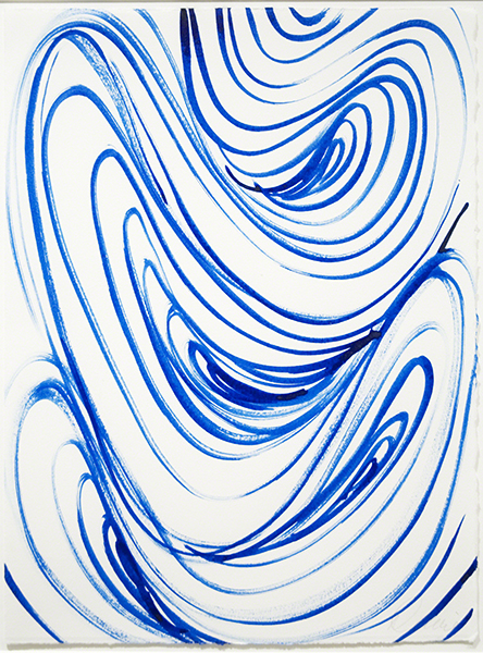 Ink on paper by Karin Davie titled Pushed, Pulled, Depleted & Duplicated Drawing: Albright-Knox Project #13 (2005). Undulating blue lines.