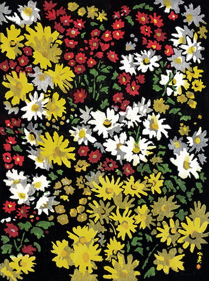 Woodcut print by Kawanishi Hide titled Autumnal Glory (ca. 1950s). Yellow, white, and red flowers against a black background.