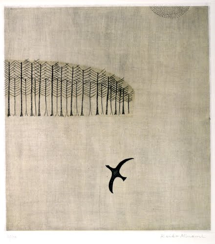 Print by Minami Keiko titled Taking Flight (1958). Group of trees and a bird flying against a plain background.