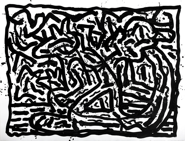 Untitled ink artwork by Keith Haring (1982). Gestural contour lines in black ink form abstract figures, one sitting, one walking, and one with a dog's head, on a white background.