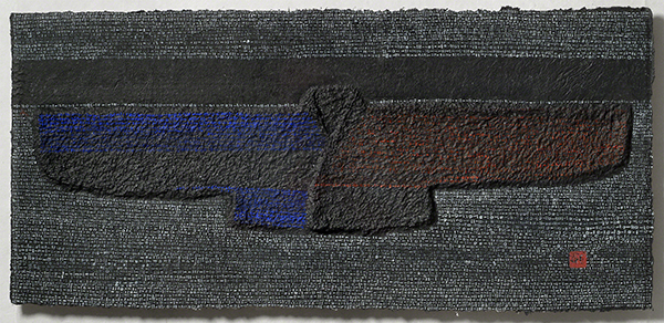 Mulberry paper artwork by Kim Hyung Joo titled Record and Symbol (2000). Bas-relief chogori jacket in gray, red, and blue on gray background with rows of hangul in white.