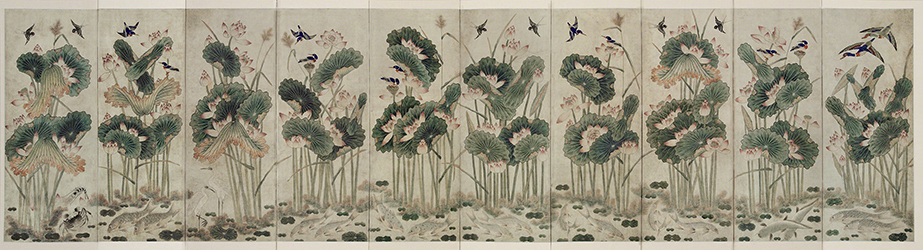 Ten-panel screen from Korea titled Lotus (1800s). Ten screen panels each with pink and green lotus plants, birds flying, and crabs, crayfish, or fish in the water below.