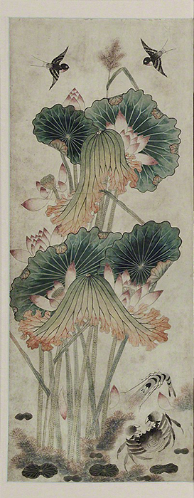 Panel from a screen from Korea titled Lotus (1800s). Green and pink lotus plan (blossoms, leaves, and stems) with crab and crayfish in the water and birds in the air.