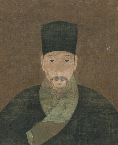 Korean portrait of a scholar wearing a tall hat, scarf, and black top against a brown background.