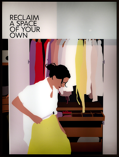 Lightbox artwork by Kota Ezawa titled A Space of Your Own (2007). Flat, graphic image of woman holding a yellow skirt on a hanger by a closet.
