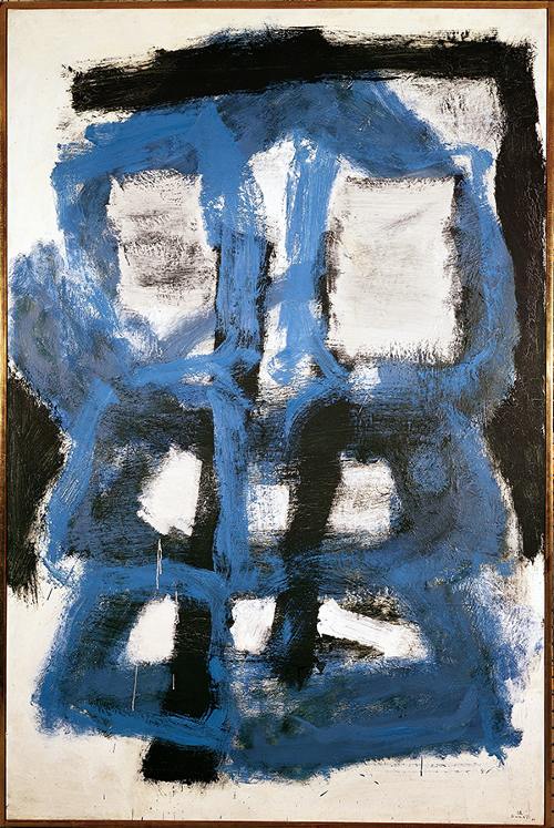 Oil painting by Kumi Sugaï titled Aooni (1960). Abstract form made from gestural blue lines on top of black lines on a white background.