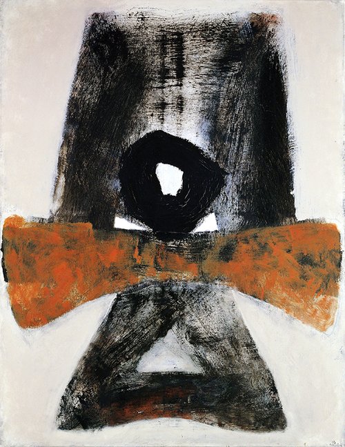 Painting by Kumi Sugaï titled Kabuki (1958). Abstract form made from gestural black and orange brushstrokes on a white background.