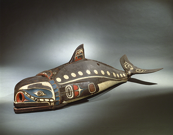Kwakwaka'wakw Culture, British Columbia, Canada, Baleen Whale Mask, from Knight’s Inlet, 1800s. Mask in the form of a whale with stylized paint in black, white, blue, and red.