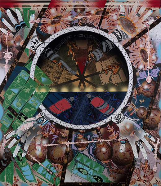 Painting by Lari PIttman: Untitled #2 (2010). Layered images, including four hands radiating from a circle, flowers, leaves, numbers, and abstract animals.