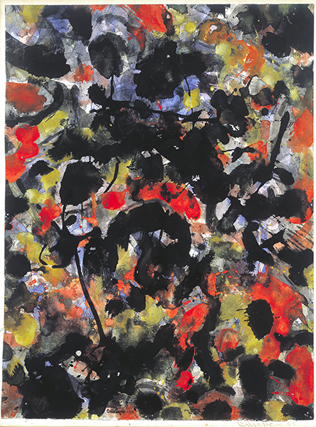 Watercolor by Lawrence Calcagno titled Evening Game (1953). Abstract painting of black, red, yellow, and blue areas of color.
