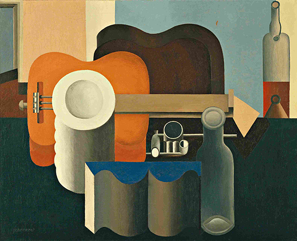 Oil painting by Le Corbusier titled Still Life (1920). Abstract still life of guitar and bottle forms in orange, brown, blue, red, and white.