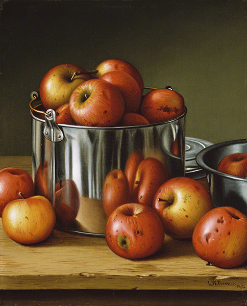 Trompe l'oeil oil painting by Levi Wells Prentice titled Apples in a Tin Pail (1892). Apples in and around a tin pail, realistically reflected in the shiny surface of the pail.