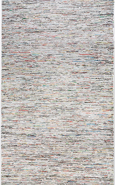 Wallpaper design by Lori Weitzner titled Newsworthy (2009/2010). Horizontal strips of newspaper woven together with nylon thread.