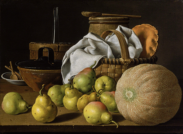 Painting by Luis Meléndez titled Still Life with Melon and Pears (ca. 1770). Pears, cantaloupe, basket, and containers on a ledge.