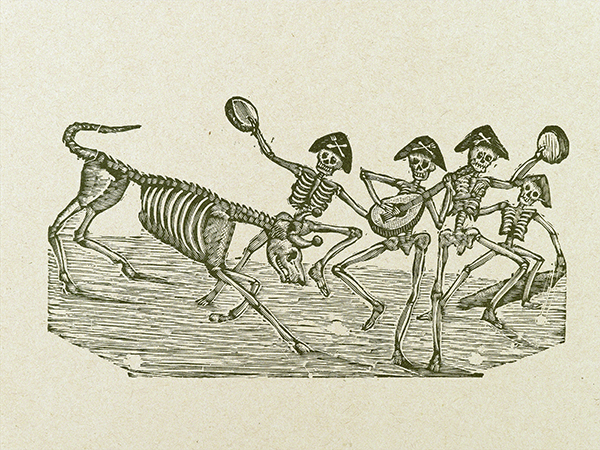 Print by Manuel Manilla titled Calavera Bull Fighters (ca. 1895–1899). Four skeletons wearing hats--two playing tambourines and one playing guitar--with a skeleton bull.