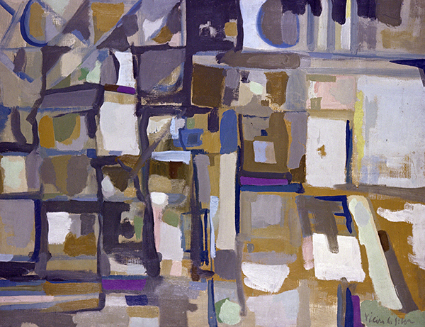 Painting by Maria-Helena Vieira da Silva titled Stones (1950). Loose, abstract grid of purple, yellow, blue, green, and gray shapes.
