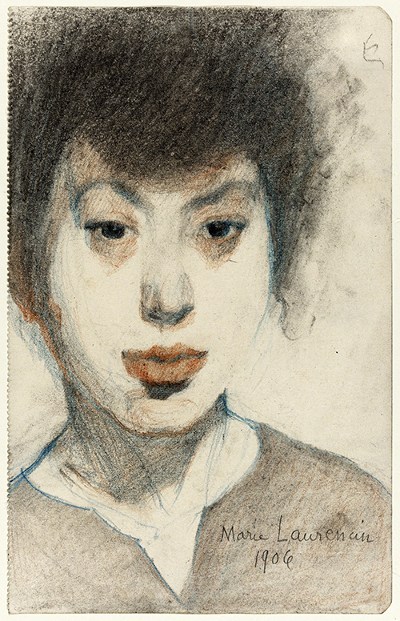 Drawing by Marie Laurencin titled Self-Portrait (1906). Colored pencil and pencil drawing of a woman's face.