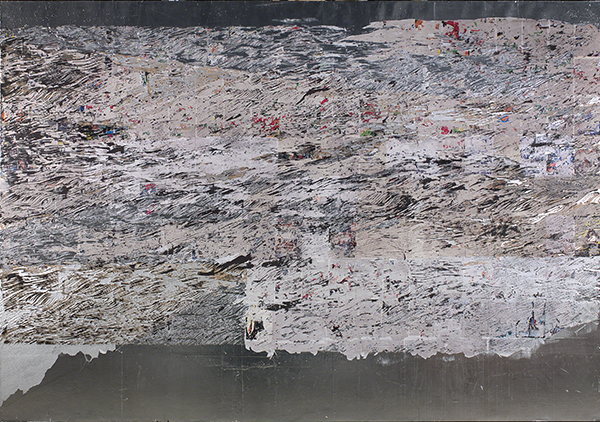 Mixed-media on canvas by Mark Bradford titled Mississippi Gottdam (2007). Layered found paper resembling an aerial view of flooding.