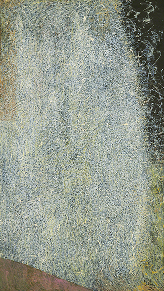 Painting by Mark Tobey titled Edge of August (1953). Field of calligraphy-like marks on a green background with reddish-brown in the lower left and black along the upper right side.