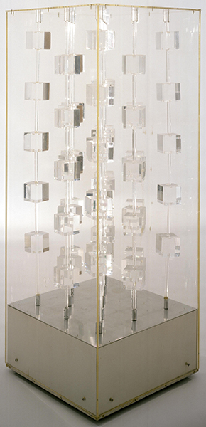 Sculpture by Martha Boto titled Transparent Structure (1969). Vitrine with columns of plexiglass cubes.