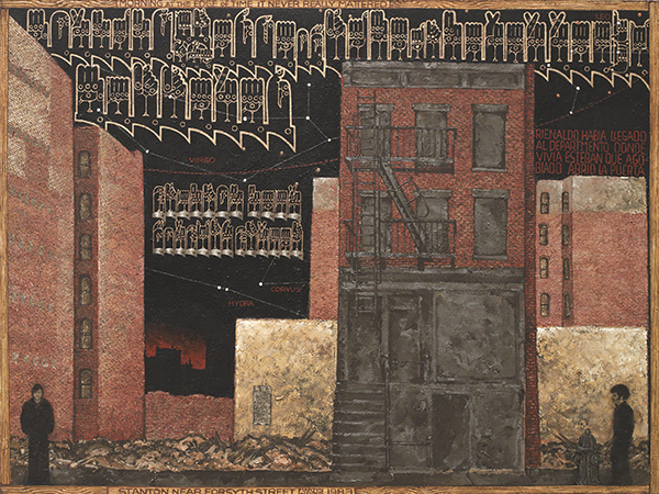 Painting by Martin Wong titled Stanton Near Forsyth Street (1983). Night cityscape in red, gray, gold, and black with gold graffiti-style writing inspired by American Sign Language.