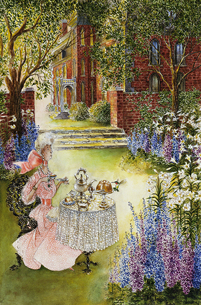 Illustration by Mary Petty titled Summer (1959). A woman with white hair wearing a pink dress has high tea in a garden next to a large brick house.