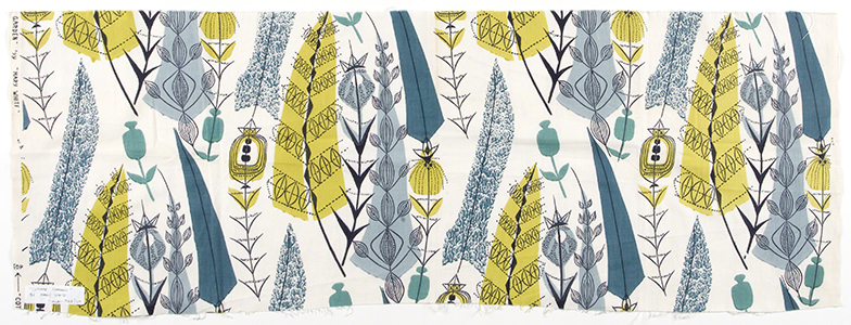 Textile design by Mary White titled Cottage Garden (1958-1960). Abstract, line drawing plants with additions of mustard and teal on white background.