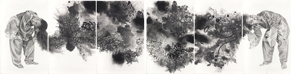 Work on paper in six panels by Mequitta Ahuja titled Fount (2009). Black-and-white image of a woman bending to her left as abstract shapes flow from her hair, leading to a second figure of the woman bending to her right.
