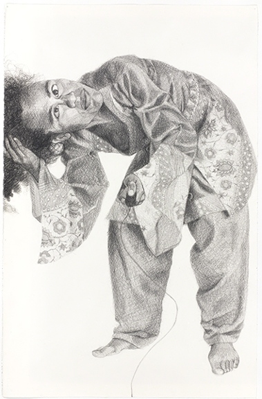 Work on paper in six panels by Mequitta Ahuja titled Fount (2009). Detail of one panel. Black-and-white image of a woman bending to her right while holding a camera remote shutter release.