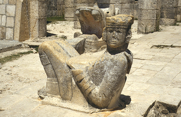 Mexico, Chac-mool, figure on the top platform of the Temple of Warriors, Chichén Itzá, 900s-1200s CE. Image © 2020 Davis Art Images. (8S-28828)