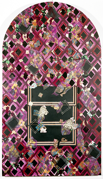 Collage painting by Miriam Schapiro titled Cabinet for Fall (1974). Arched trellis-like form in reds, pinks, and yellows with central window frame and collaged papers.