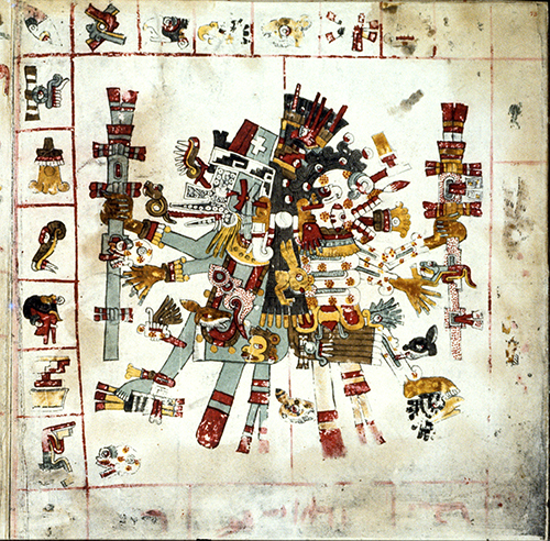 Mixtec Culture, Quetzalcoatl (left, the life god) and Mistlantecuhtli (right, the death god), surrounded by symbols of 26 days and 20 day signs, page 69 from the Borgia Codex, ca. 1400 CE. 