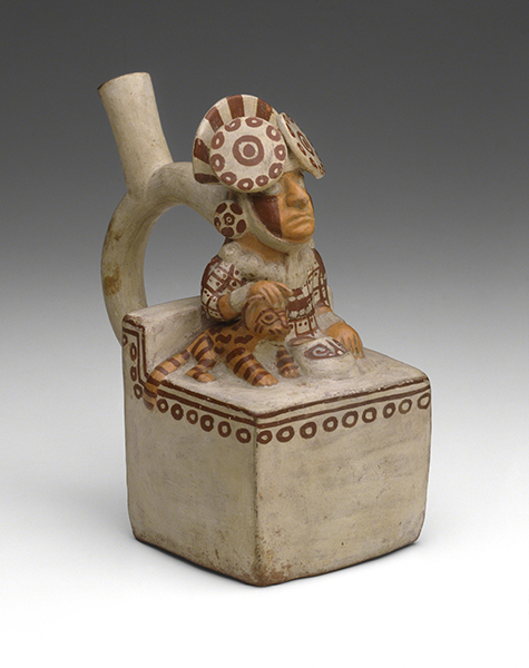 Moche Culture, Peru, Seated Ruler with Pampas Cat, stirrup-spouted vessel, 250–550 CE. 
