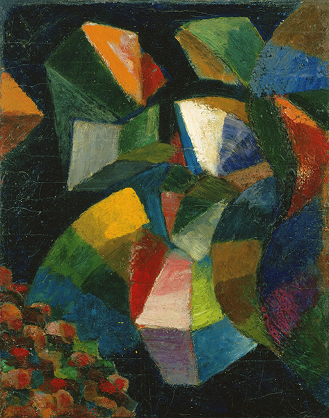 Painting by Morgan Russell titled Color from Synchromy (Eidos) (1922–1923). Faceted areas of color spiraling against a black background. 