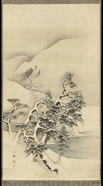 Hanging scroll by Mori Ippō titled Snowscape (mid-1800s). Ink and light color painting of a snow scene with mountain in the background, pond in the middle ground, and trees in the foreground.