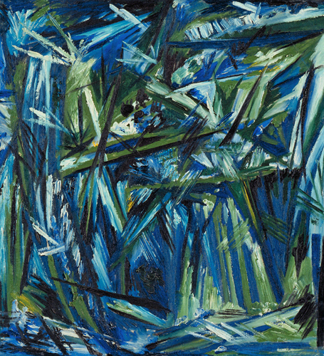Natalija Goncharova (1882–1963, Russia), Rayonism: Blue-Green Forest, 1911 (dates 1913 on front). 