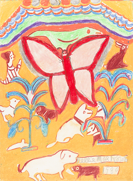 Drawing by Nellie Mae Rowe titled Butterfly (1980). Pink and red butterfly, cats, dogs, rabbits, plants, and other figures in red and white on a yellow background.