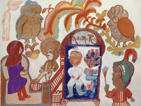 Drawing by Nellie Mae Rowe titled (Visit to the Podiatrist) (ca. 1980). Abstract human and animal figures in red, purple, blue, teal, yellow, and brown.