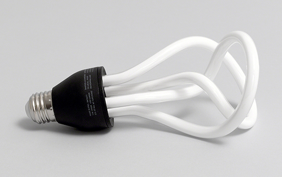 Low-energy lightbulb design by Nicolas Roope titled PLUMEN (2007). Energy-efficient lightbulb with two looping/twisted tubes.