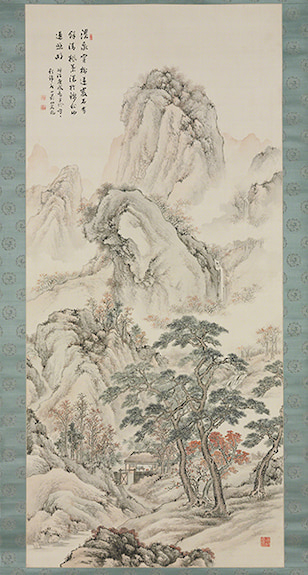 Ink painting by Noguchi Shōhin titled Mountains in Autumn (1910). Vertical landscape of trees and mountains with a poem in Japanese in the upper left.