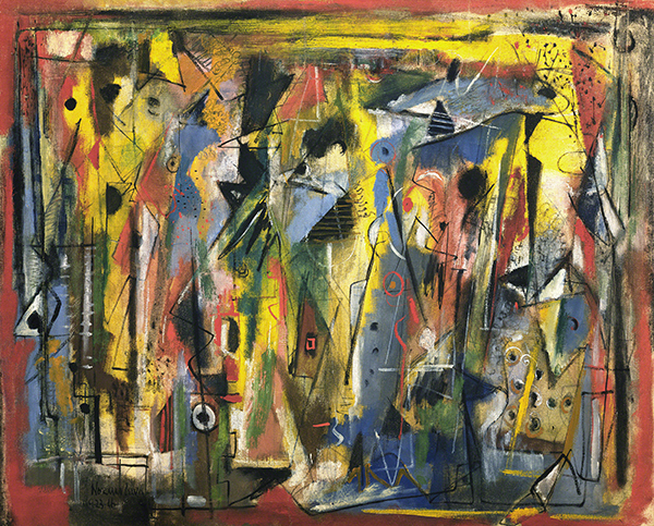 Painting by Norman Lewis titled Phantasy II (1946). Abstract painting in red, blue, yellow, and green with figural references in black.