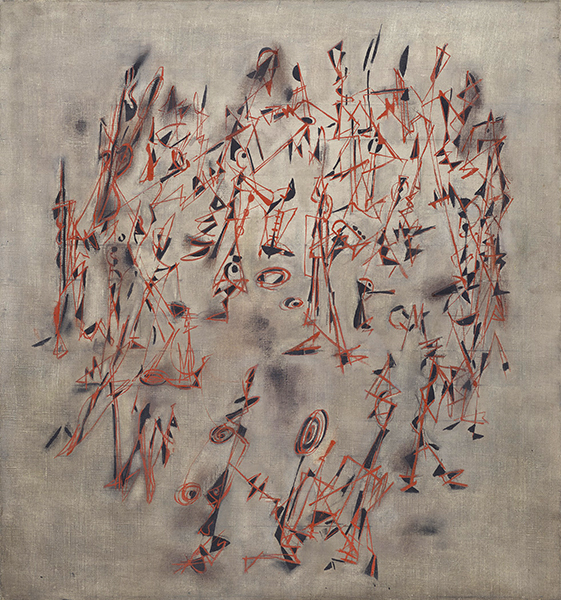 Painting by Norman Lewis titled Street Music (1950). Composition of music-note inspired figures in red and black.
