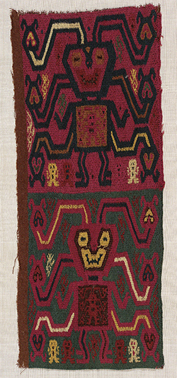 Paracas Textile Border Fragment (ca. 100 BCE). One figure in black outlines holding abstract heads on a red background above a similar figure in red outlines on a green background.
