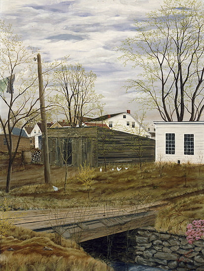 Painting by Pasquale Santo titled Spring (1940). Bridge over a creek leading to buildings with a houses in the background.