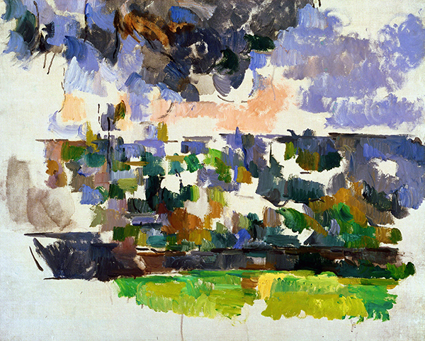 Unfinished ainting by Paul Cezanne titled Garden at Les Lauves (ca. 1906). Abstract landscape view painted in swatches of pure color.